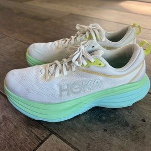 Hoka One Bondi 8 Size 9.5 B Blanc de Bland and Sunlit Ocean Color White …